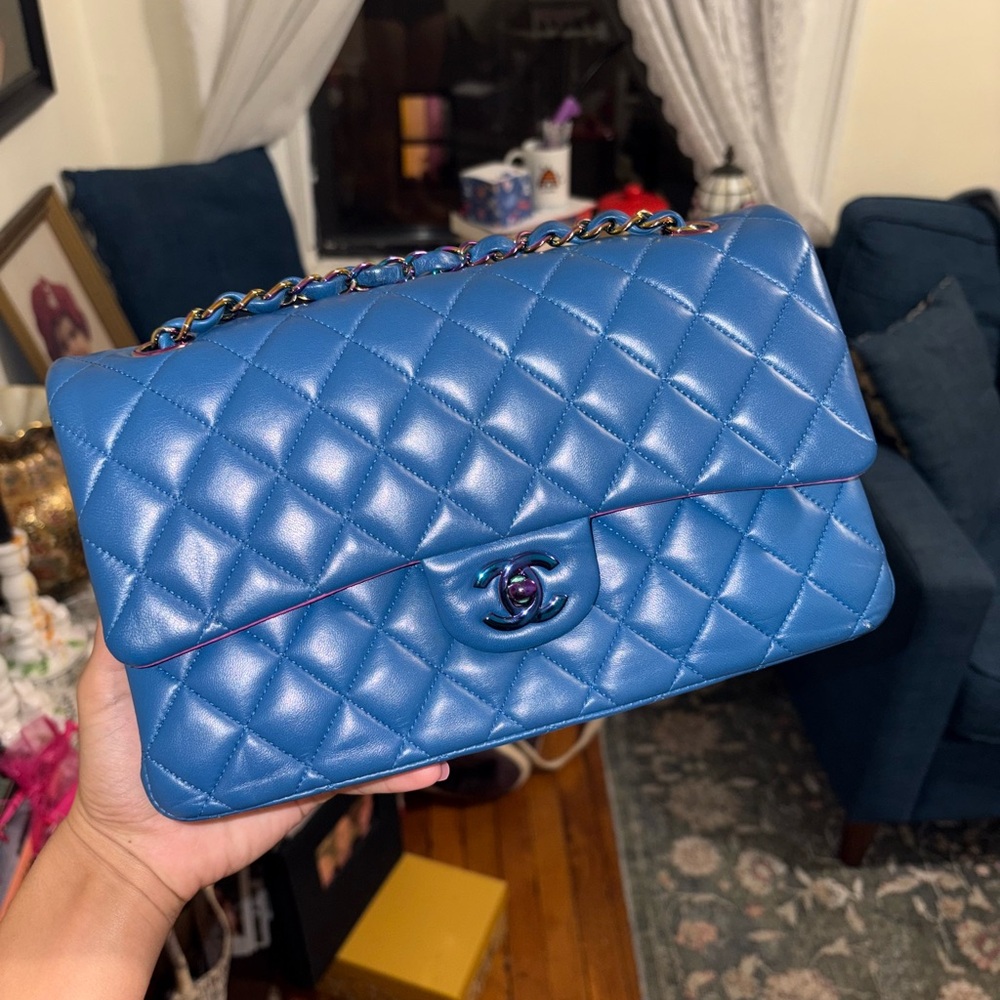 CHANEL Blue Quilted double flap rainbow hardware iridescent Shoulder Bag